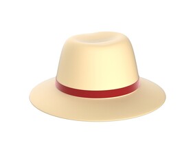 Classic Beige Hat with Red Ribbon on White Background, 3d rendering