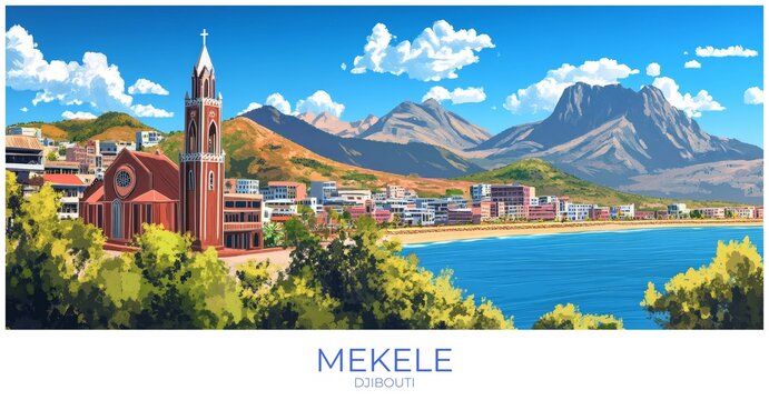 Mekele Djibouti Travel Poster Flat Illustration Print Decor Gift Canvas Wall Art