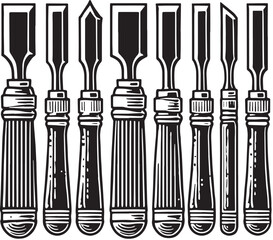 Black Color Chisel Set Silhouette Vector Illustration, Solid White Background. minimal vector design