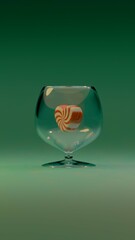 Red and white striped heart-shaped candies rest beside an empty transparent glass on a plain green surface