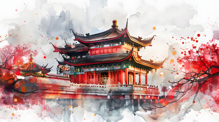 Fototapeta premium Temple Worship Illustration Chinese New Year Watercolor
