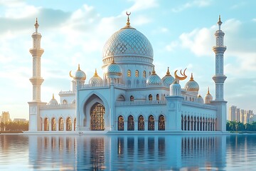 Obraz premium Islamic decoration background for Ramadan with lantern and mosque 3D rendering. 3D Illustration