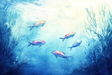 Fototapeta premium Watercolor painting of fish swimming underwater amongst seaweed