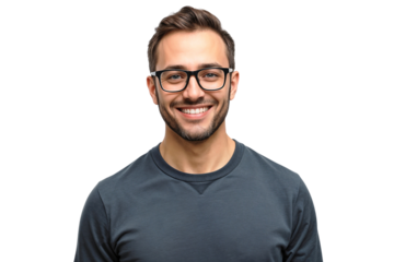 Portrait of a smiling man with glasses wearing casual t-shirt, isolated on white background
