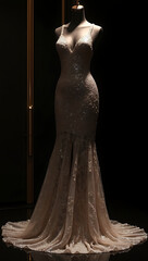 Fototapeta premium A glamorous Bollywood-style gown on a mannequin, with glittery sequins and dramatic design, perfect for red carpet events, showcased in a luxurious studio.