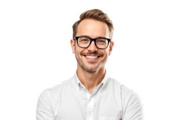 Casual businessman with glasses smiling with happy face, isolated on transparent background