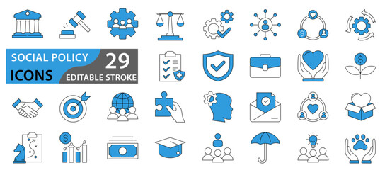 Social Policy web icons. Education, government, welfare, reforms, medicine, collection. Vector illustration.