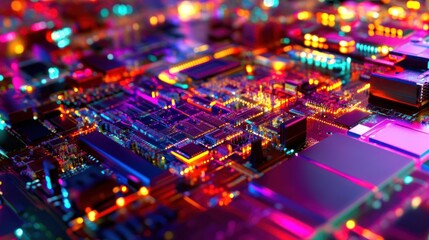 Obraz premium Neon Circuitry: A vibrant close-up of a futuristic circuit board, showcasing intricate details and glowing neon colors.