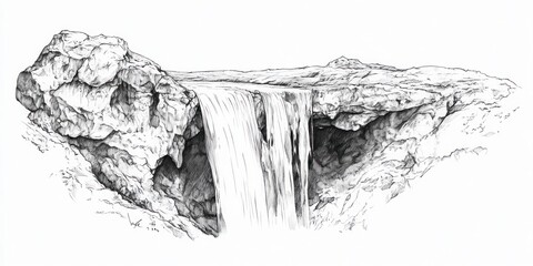 A Pen Sketch Depicting a Waterfall Cascading Over Rocks