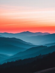 Obraz premium Dusk sky over blue mountains with tree silhouettes, red and orange sunset, minimal nature