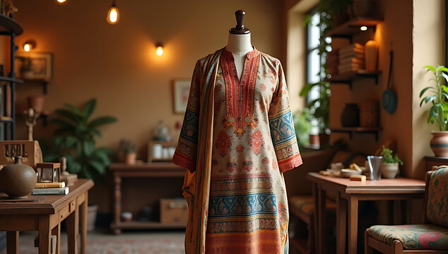 A mannequin showcasing a handloom cotton kurti, styled with intricate block prints and traditional Indian patterns, displayed in a rustic boutique setting.

