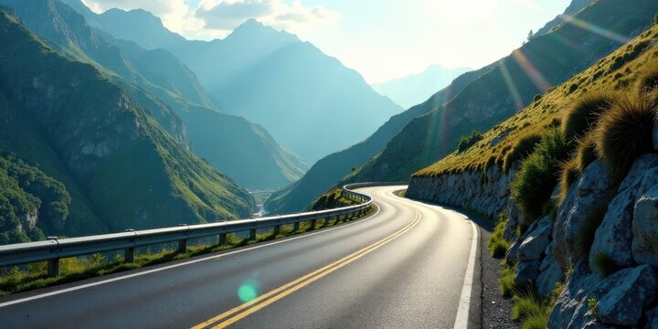 Asphalt ribbon winding through majestic mountain range, bathed in sunlight, a scenic drive offering breathtaking views