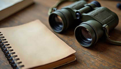 Green Binoculars on Notebook with Warm Lighting