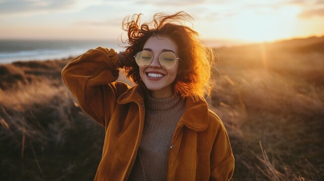 Woman smiling happily with wind in her hair during golden hour