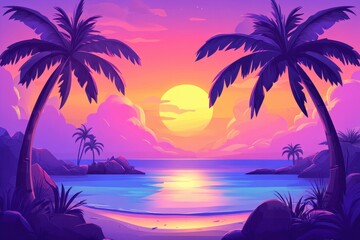 Obraz premium Serene Sunset over Tropical Beach with Palm Trees and Calm Waters in Vibrant Colors Reflecting on the Ocean Surface under a Twilight Sky