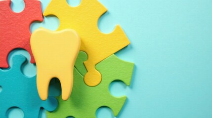 A yellow tooth-shaped puzzle piece nestled among colorful jigsaw pieces on a light blue background, a concept image for oral health and wellbeing