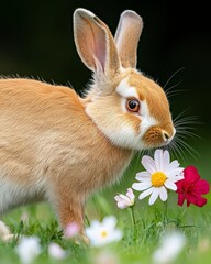 Fototapeta premium A cute rabbit sniffing colorful flowers in a vibrant green field, showcasing nature's beauty and the charm of wildlife.