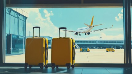 Two Bright Yellow Suitcases at Airport with Jet Taking Off