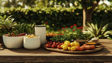Sunny Garden Table with Fresh Produce and Herbs