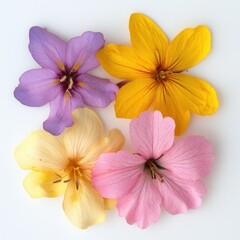 Colorful flowers flatlay, white background, studio shot, design element