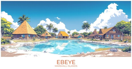 Ebeye Marshall islands Travel Poster Flat Illustration Print Decor Gift Canvas Wall Art