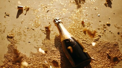 Champagne bottle with gold glitter and confetti, celebrating festive moments in style	