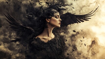 Fototapeta premium Mysterious woman with crow wings and birds flying around her. Concept of mystery, darkness, and the unknown.