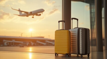 Two Suitcases at Airport Window with Plane Taking Off