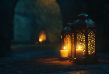 Fototapeta premium lanterns with glowing candles on an ancient Arabic table in the dark, a background for Ramadan Kareem or a Muslim holiday concept.