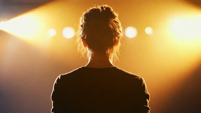 A silhouette of a performer standing on stage under warm spotlights, facing an audience. This image captures the anticipation, confidence, and artistry of a live performance