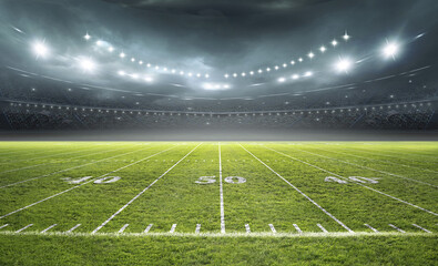 Illuminated American Football Field at Night in a Stadium, 3d rendering © efks
