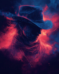 Obraz premium Abstract art of a cowboy enchanted with red flames and black smoke against the backdrop of a starry sky in space.