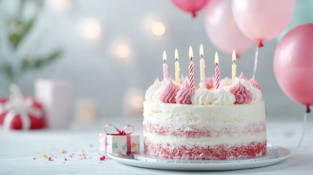 Birthday cake with candles and balloons, celebration, festive background, ideal for greeting cards