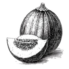 Hand-drawn illustration of a whole and sliced pumpkin.