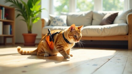 A ginger tabby cat wearing a supportive harness sits on a light wood floor in a sunlit room near a couch