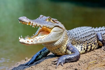 Obraz premium A crocodile with its mouth wide open, resting on a riverbank, showcasing its sharp teeth and textured skin in a natural environment.