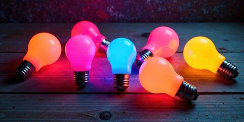 Illuminated Ideas A Collection of Vibrantly Colored Light Bulbs Glowing on a Rustic Wooden Surface