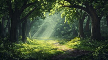 Fototapeta premium Sunlit path through a lush forest