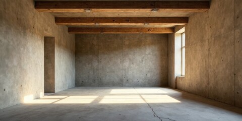 Sunlit Empty Room with Exposed Concrete Walls and Wooden Beams