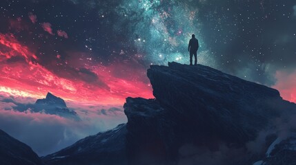 Fototapeta premium Silhouette of a man standing on a mountain top against a breathtaking sky filled with stars and nebula