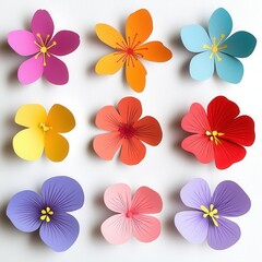Colorful paper flowers, white background, craft (7)