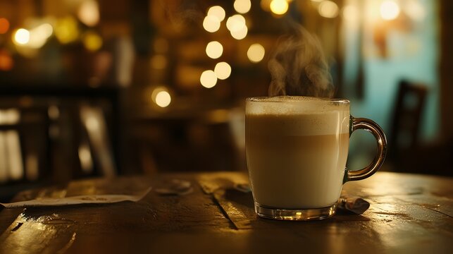 Steaming latte on a wooden table, soft bokeh background, cozy cafe ambiance. Warmth and comfort in every sip