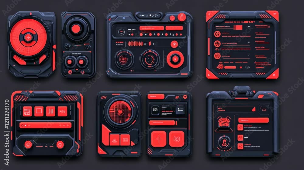Wall mural futuristic user interface design featuring red and black color scheme for various digital applicatio