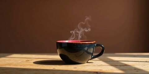 Aromatic steam rises from a dark ceramic mug, resting on a sun-drenched wooden surface, creating a tranquil and inviting atmosphere.