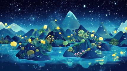 Enchanting Night Scene Of Luminous Islands And Mountains