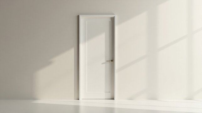 A solitary white door with a minimalist gold handle stands against a pale wall, bathed in soft sunlight casting gentle shadows