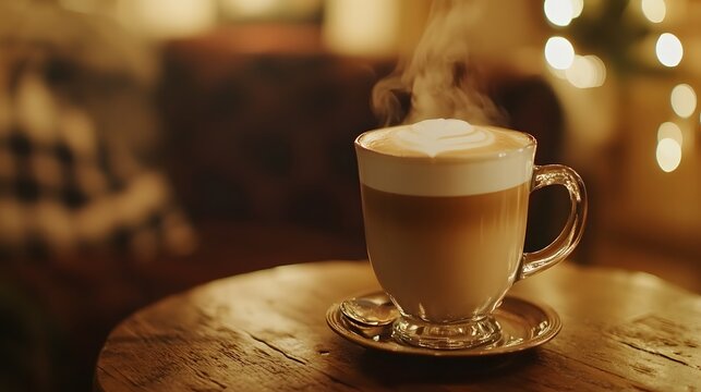 Steaming latte on a wooden table, soft bokeh background, cozy cafe ambiance. Warmth and comfort in every sip