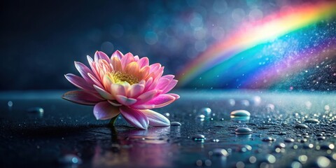Serene Pink Water Lily with Rainbow Reflection and Water Droplets on Dark Surface