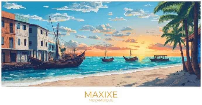 Maxixe Mozambique Travel Poster Flat Illustration Print Decor Gift Canvas Wall Art