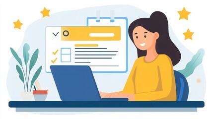 A woman completing a customer experience survey on her laptop in a bright workspace.